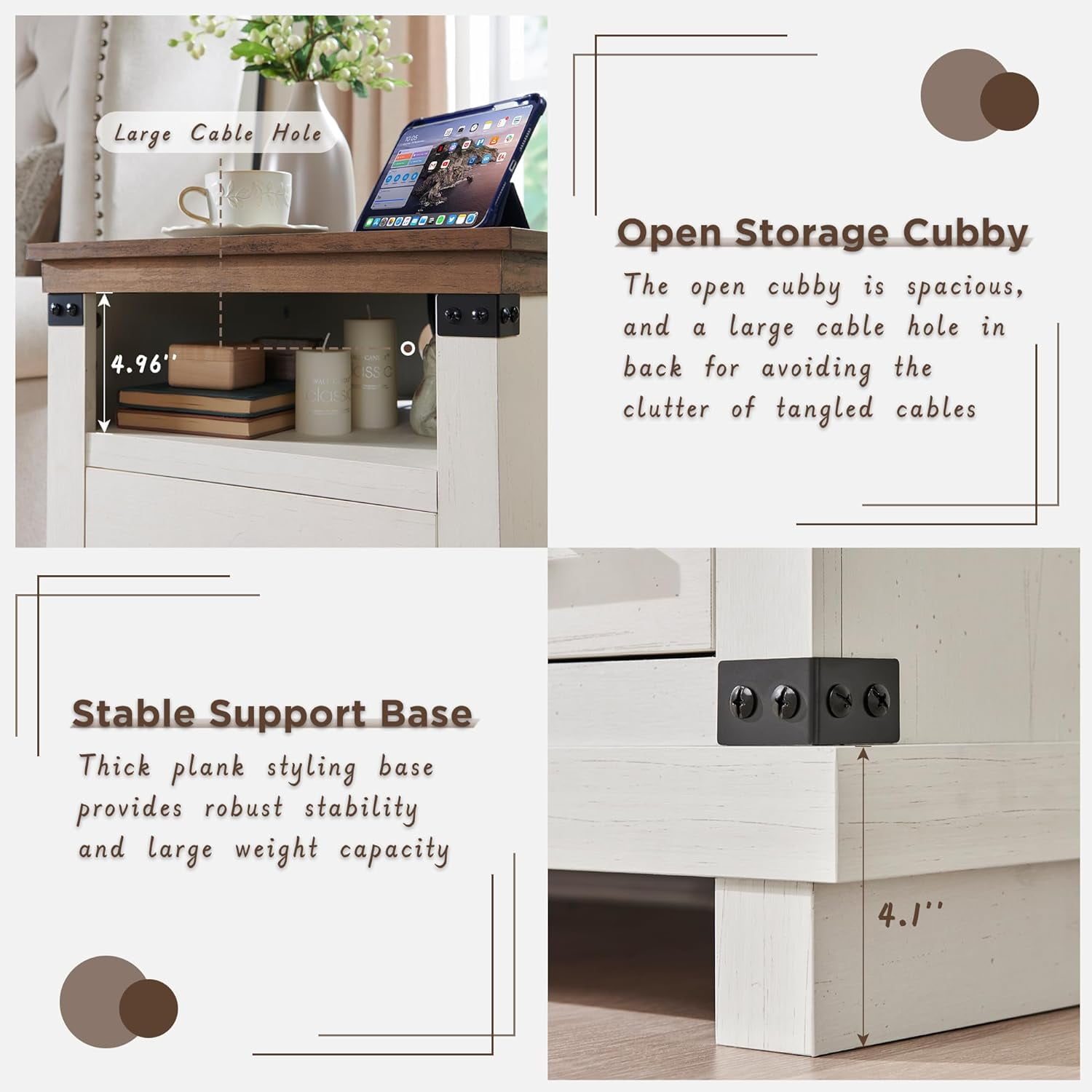 OKD Farmhouse 18" Nightstand with Charging Station, Rustic Metal Wood End Tables with Adjustable Shelves, Side Tables，Antique White