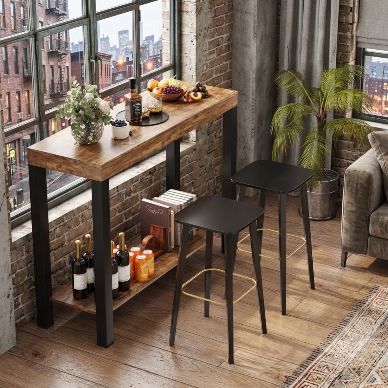 Furnibear 2-Tier Home Bar Table with Open Shelves and Storage for Home Kitchen Living Room Pub for Kitchen Dining Bar Bistro Pub Home, Rustic Brown