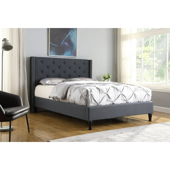 Oliver and Smith Full Upholstered Platform Bed Frame Blue - 51 Inch Tall Button Tufted Headboard - Soft Linen Fabric Wood Slats - Modern Fabric Design - Easy Assembly (ASTOR)