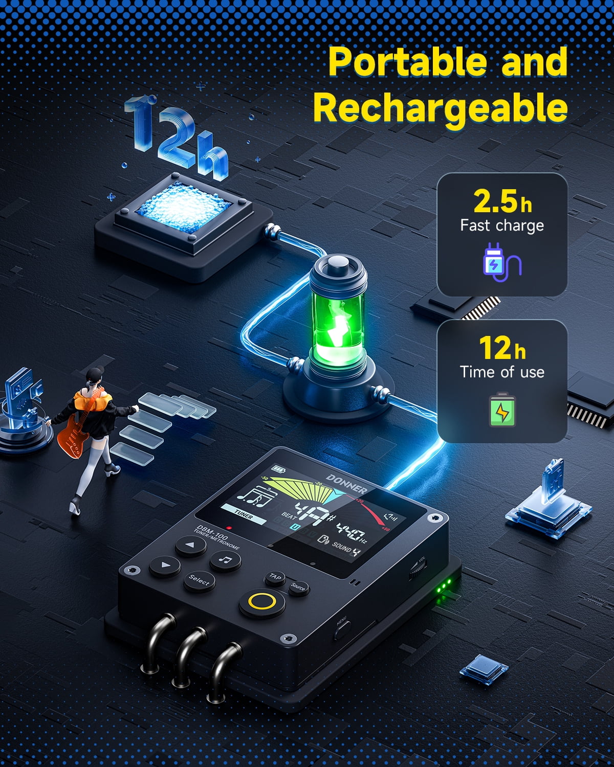 Donner 3-in-1 Rechargeable Digital Metronome Tuner For Guitar, Violin, Ukulele, Piano, Flute & All Instruments, Black