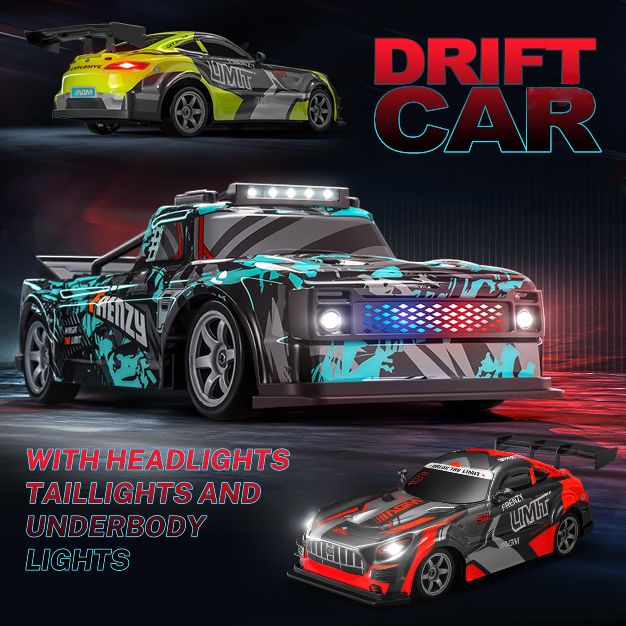 1:16 RC Drift Car, 25KM/H 4WD High Speed Remote Control Cars for Kids, with LED Lights, Two Batteries, Extra Tires, Drift RC Cars for Adults
