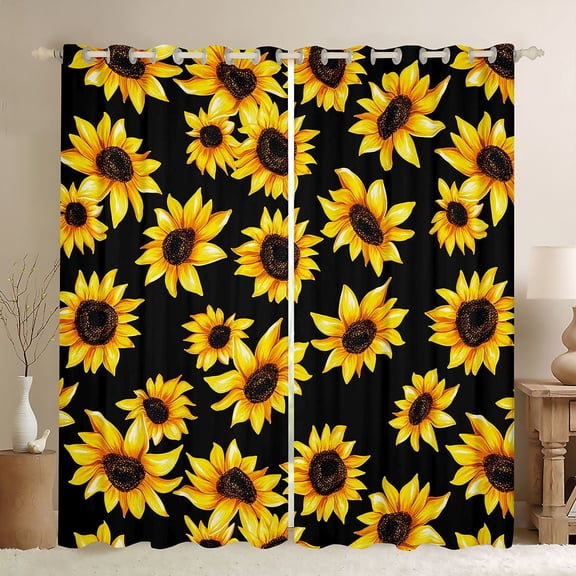 jejeloiu Country Flower Sunflower Black Out Curtains,Rustic Plant Curtains Pack of 2 (42x63 Each),Black Yellow Bedroom Curtains For Adults,Microfiber Bedroom Decor