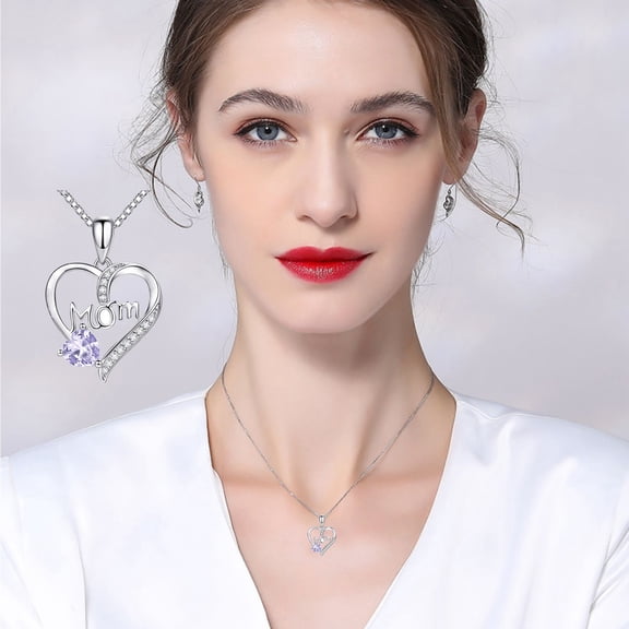 FENGGHAO 12 Month Birthstone Heart Pendant Necklace for Women, Mother’s Day Jewelry Gift, Silver or Rose Gold Plated Alloy