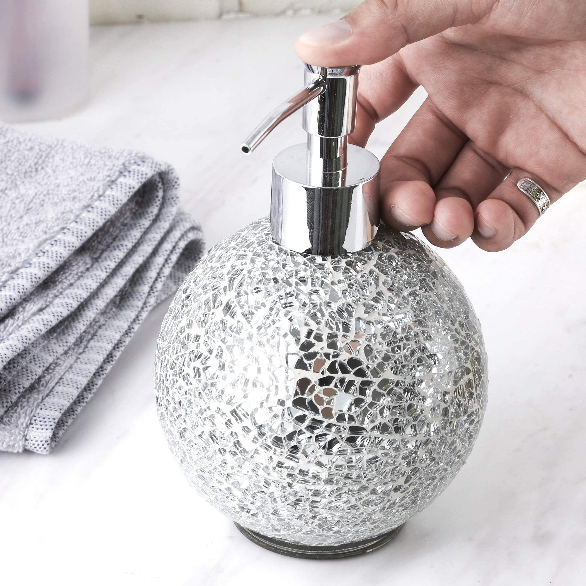 Glass Mosaic Hand Soap Dispenser-Lotion Bottle with Chrome Plated Plastic Pump-14 Ounce Set of 2 (Silver))