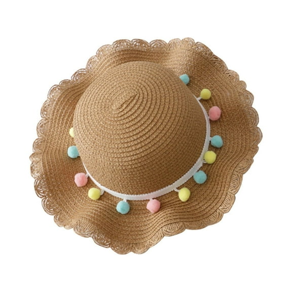 Edvintorg 2-8 Years Hat For Kids Girl Summer Children's Colored Balls Bow Decorated Hat Rope Beach Hat Sun Hat