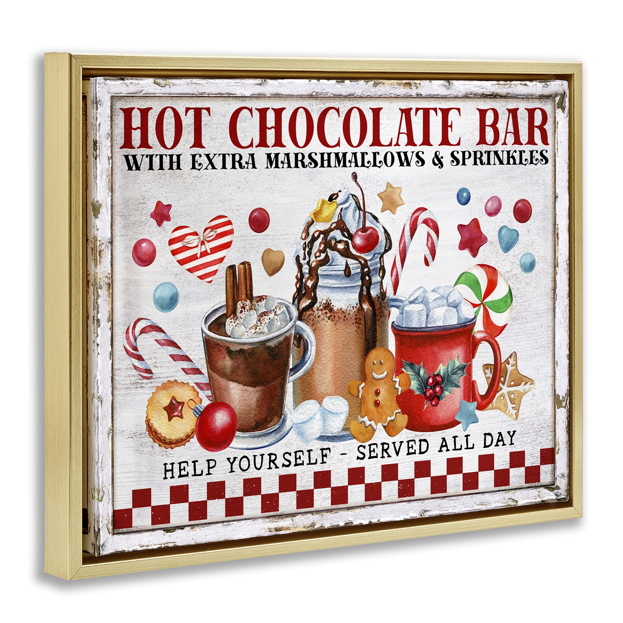 Stupell Industries Hot Chocolate Bar Holiday Painting Gold Floater Framed Canvas Art Prints Wall Art, 21 x 17
