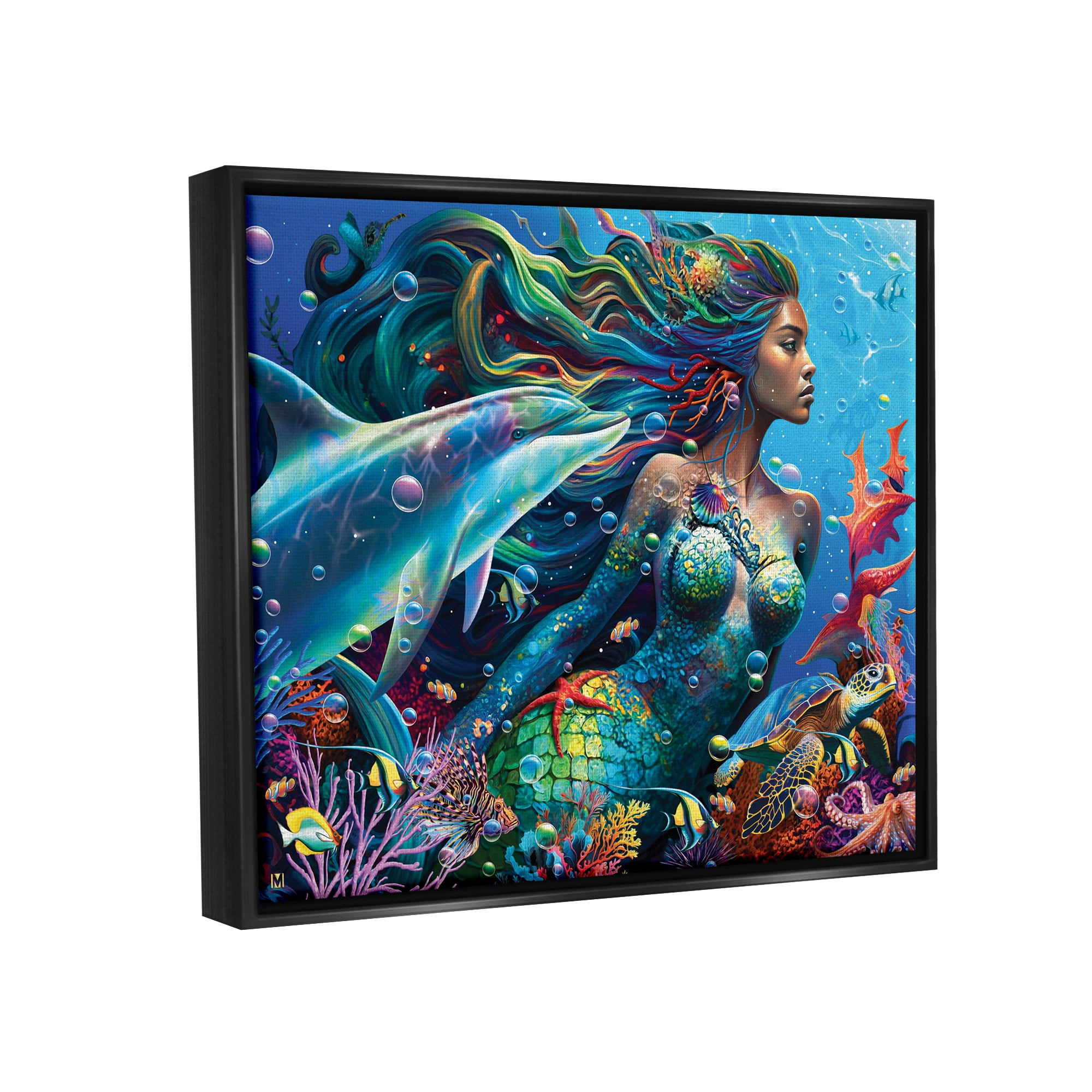 Stupell Industries Mermaid Underwater Sea Life Fairy Tales & Fantasy Painting Black Floater Framed Art Print Wall Art, 31 x 25