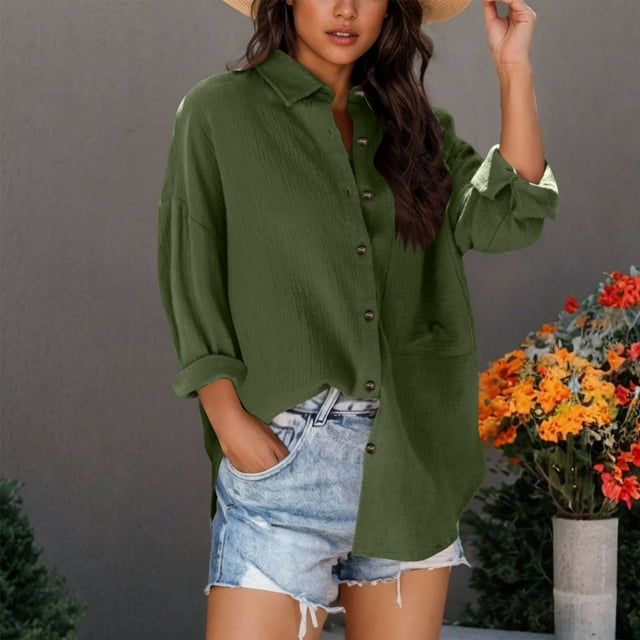 Soki Womens Lapel Neck Casual Blouse Long Sleeves Solid Color Button T-Shirt Tops