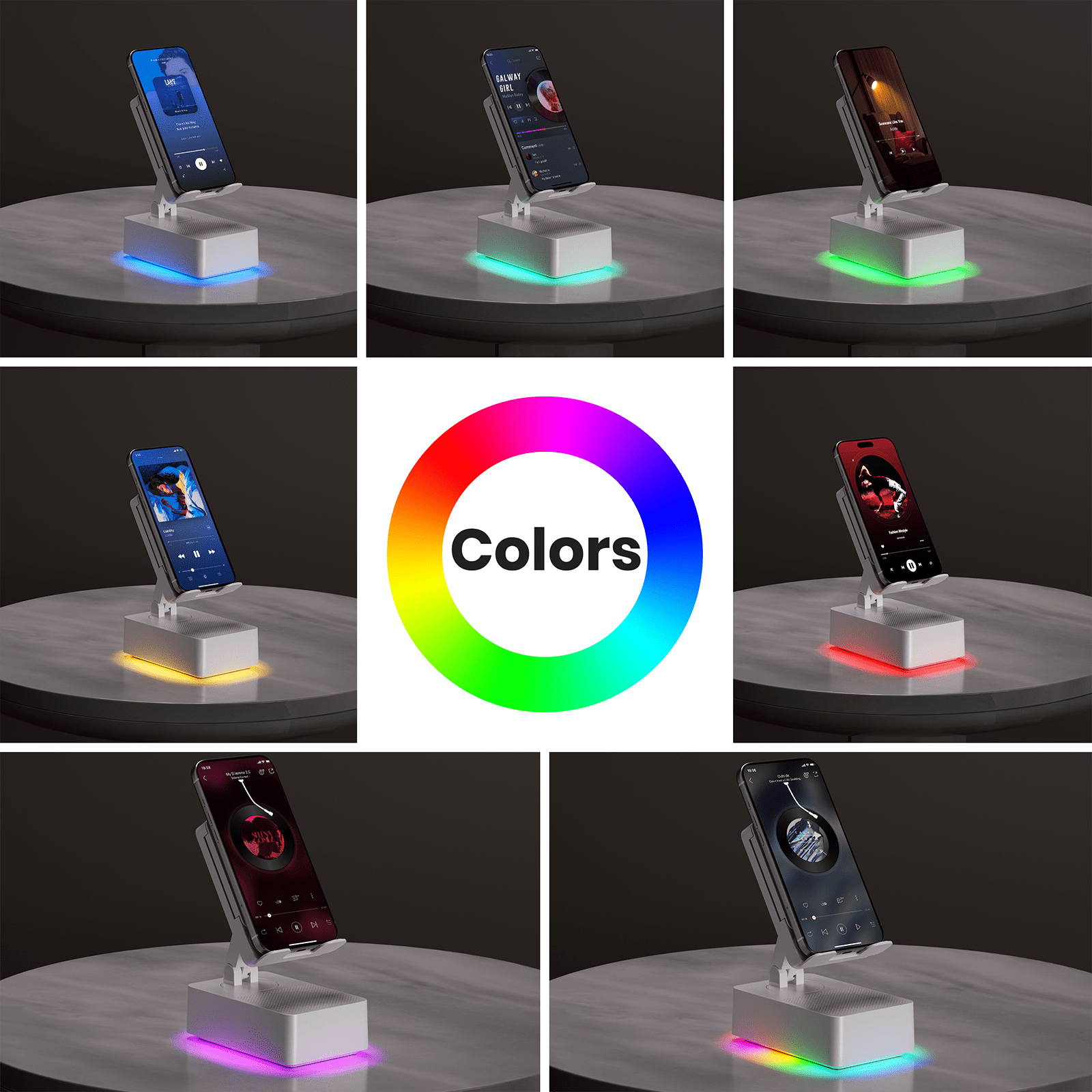 Wireless Induction Audio Bluetooth Speaker, Cell Phone Stand with Wireless Bluetooth Speaker, Unique Gifts for Men/Women, Adjustable Phone Holder with Colorful Ambient Light for iPhone/iPad