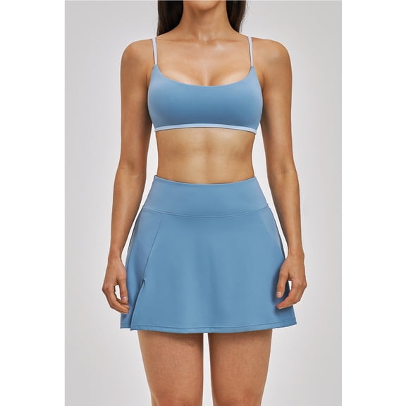 PISONIC Womens 2 Piece Skirt Set Workout Outfits Tennis Skirts with Built-in Shorts and Spaghetti Strap Sports Bra Gym Yoga Set