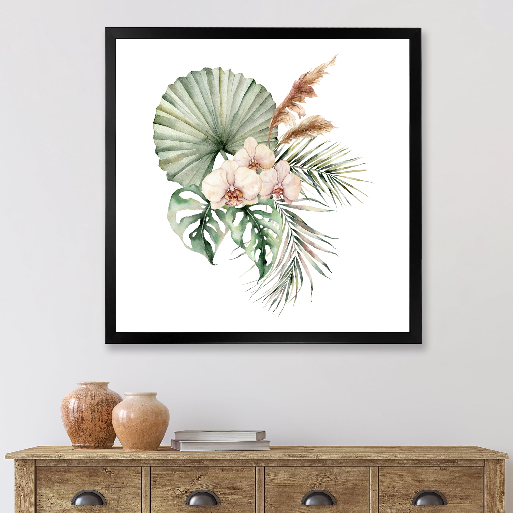 Designart 'Tropical Bouquet With Palm Orchids Leaves' Traditional Framed Art Print