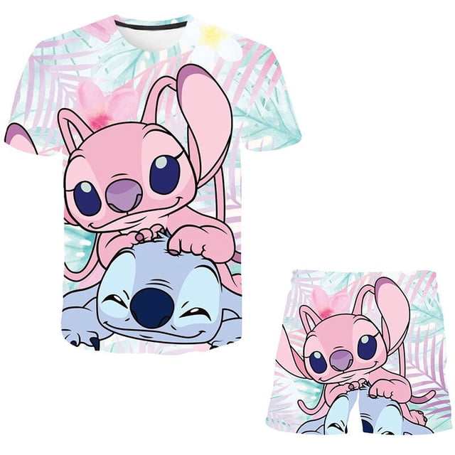 Nuevo conjunto de ropa de punto para niñas, camisetas de manga corta de verano + Pantalones cortos, ropa de 2 uds, trajes Stich, ropa Unisex para niñas Suit6T Gao Jinjia LED