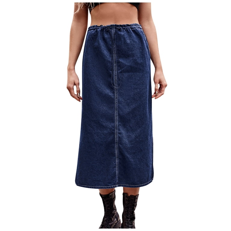 Women's Maxi Pencil Denim Skirt - High Waisted A-Line Long Jean Skirt With Slit (Blue, Multiple Sizes)