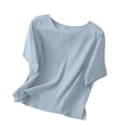 thumbnail image 4 of Vestidos Casuales Para Mujer, Blusas De Mujer De Moda Blusa de mujer de color liso de imitación de lino con hombros descubiertos, manga corta, cuello redondo y dobladillo con abertura, 4 of 5