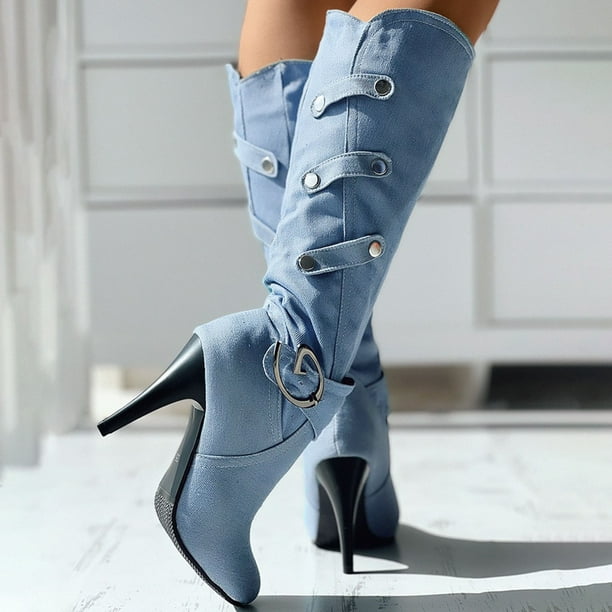 Navy leather knee top high boots