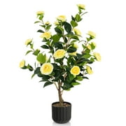 Gymax 38'' Artificial Camellia Tree Faux Floral Plant Fake Tree for Decoration Yellow