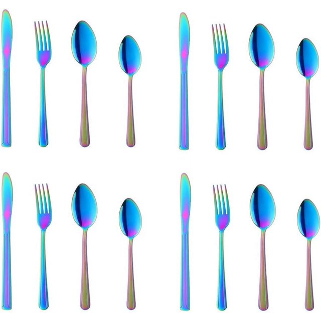 Juego de cubiertos de arcoíris para 16, 18 y 10 utensilios de acero inoxidable con cuchara de mango largo, diseño ergonómico para mayor comodidad, acabado de espejo de primera calidad, apto para