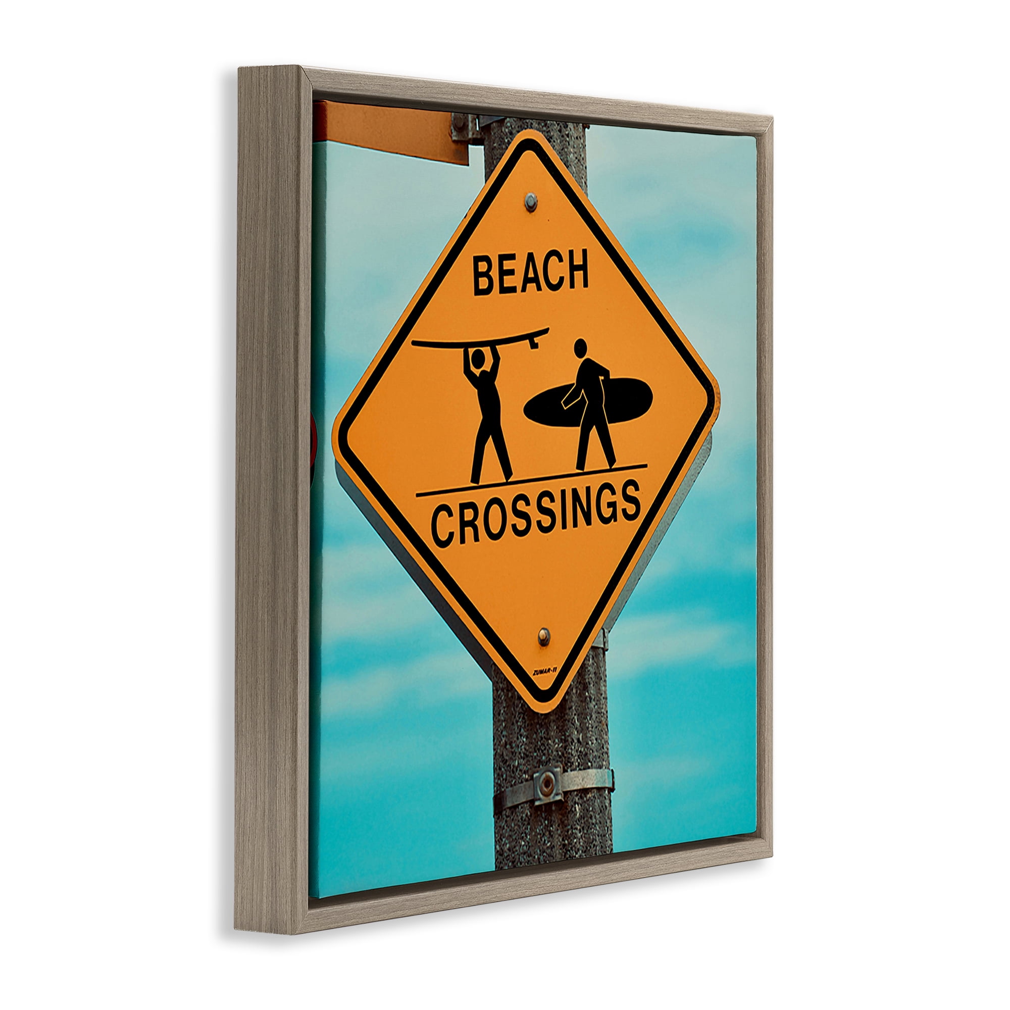 Stupell Industries Beach Crossing Sign Nautical & Beach Photography Brown Floater Framed Canvas Art Print Wall Art, 25 x 25