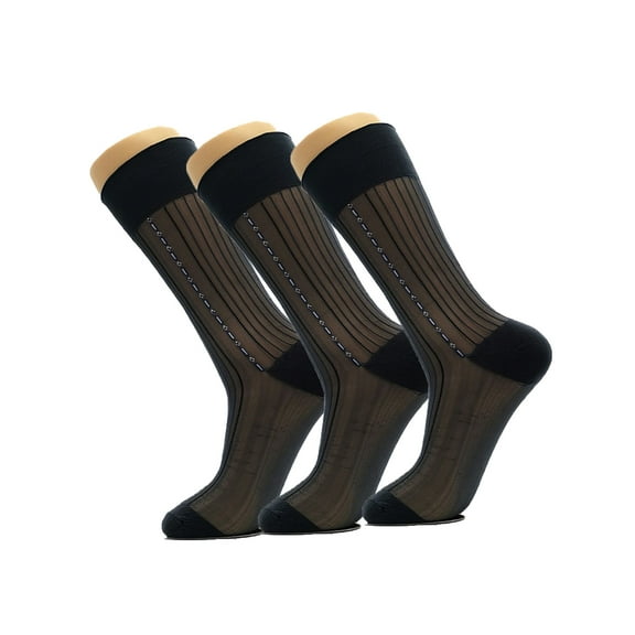 Luxtrada 3 Pairs Mens Silk Socks Sheer Men Dress Socks Ultra Thin Striped Socks Summer Cool Crew Socks "Black"
