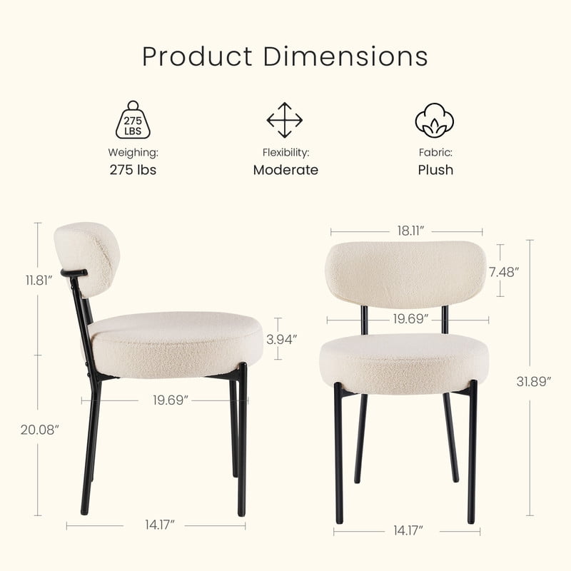 Gianna Dining Chairs Set of 2, Mid Century Modern Chair Round Upholstered Curved Backrest, Kitchen Vanity Living Room Chairs with Black Metal Legs，Beige