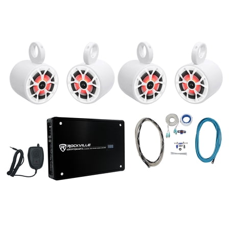 4) Rockville RKL65MBW 6.5 700w Marine Wakeboard LED Speakers+Amplifier+Amp Kit