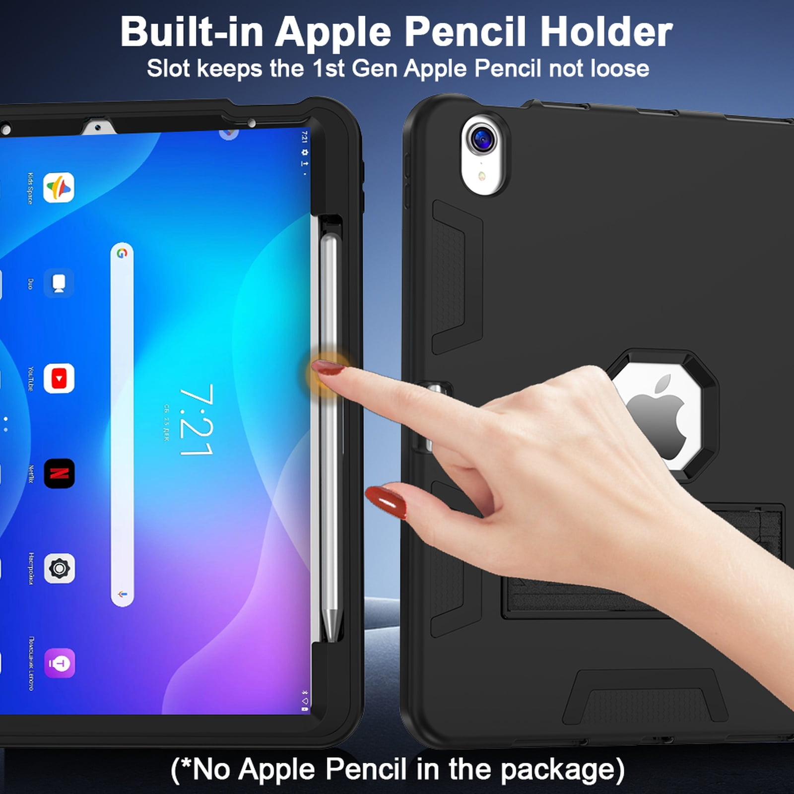 Rugged Case for Apple iPad Air 11 Inch M4 M3 M2 2026 2025 2024, Heavy Duty Shockproof Back Cover with Kickstand & Pencil Holder Shock-Absorbent TPU+PC Case for iPad Air 11, Black