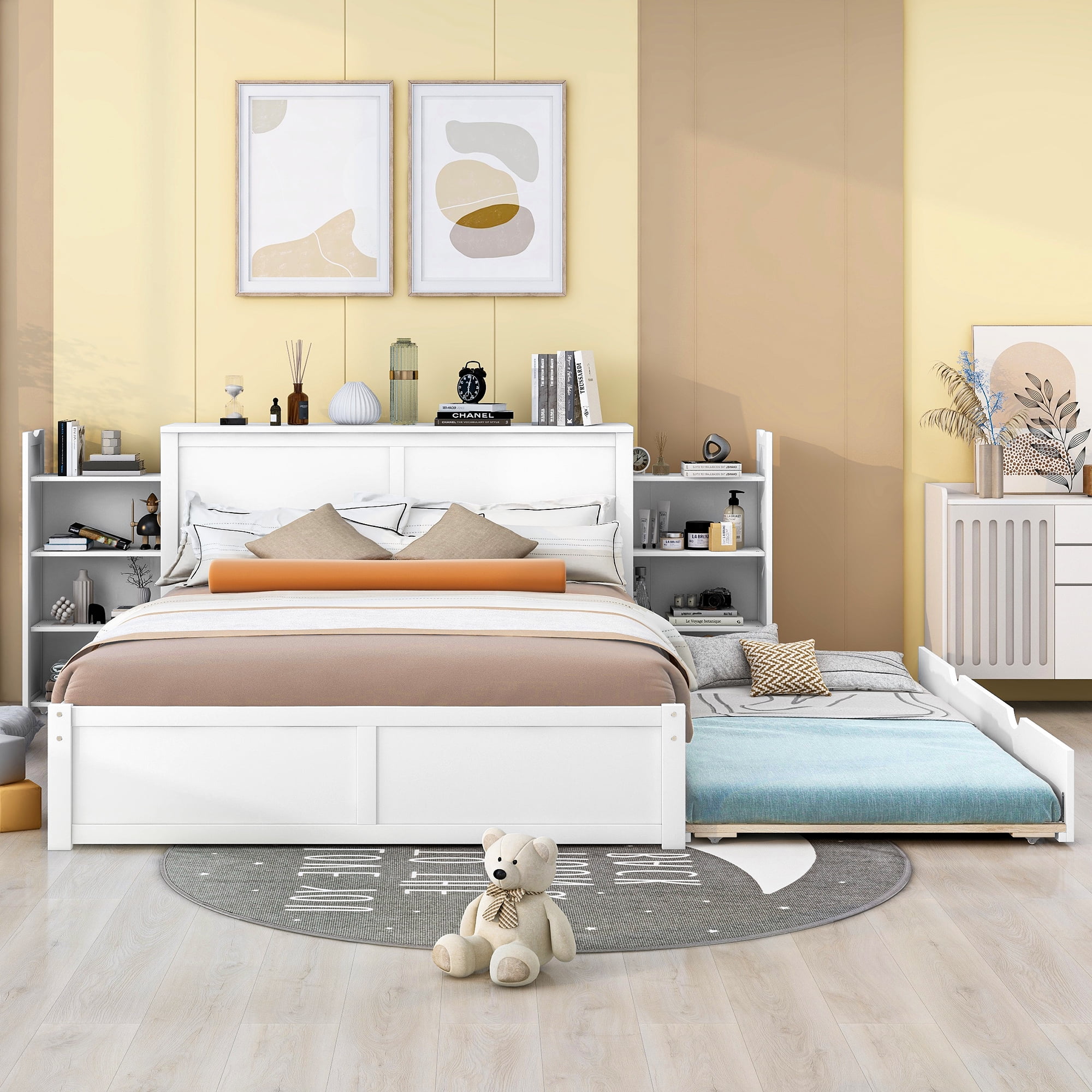 Euroco Queen Size Wood Platform Bed with Trundle and Storage Cabinet for Adults Bedroom