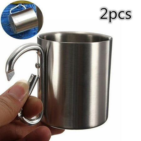Stainless Steel Heated Coffee Cup - 2x 220ML Stainless Steel Camping Cup Coffee Mug Outdoor Drinking Cup Carabiner Hook Double Wall Portable For Camping Hiking