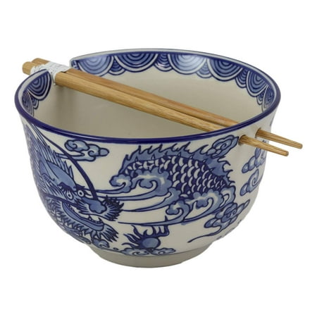 Dragon Noodle - Ebros Ming Style Feng Shui Dragon Blue And White Ramen Udon Noodles Large 6.25
