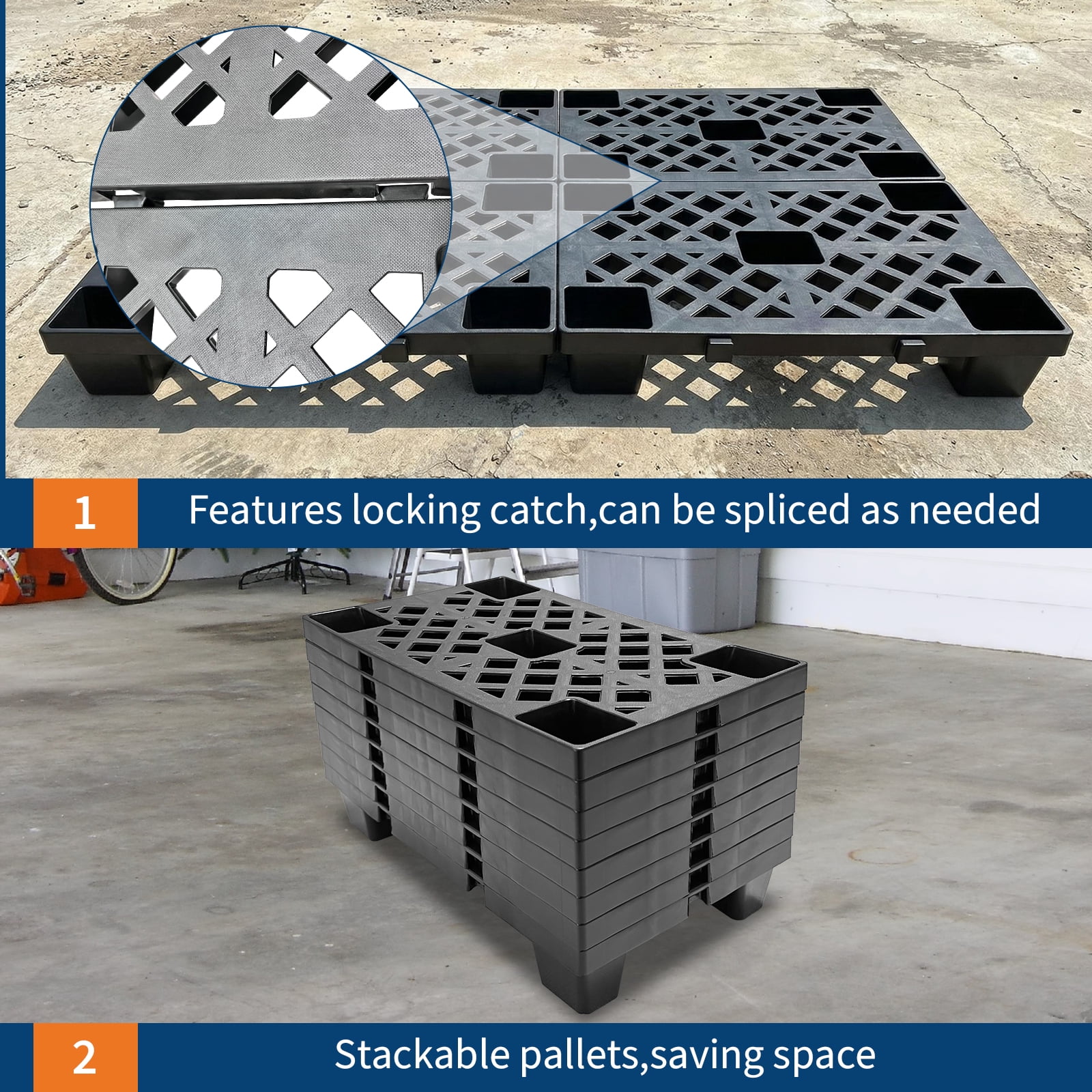 6-Pack Plastic Pallets, 19.7" x 11.8" Interlocking Floor Tiles, Nestable & Stackable for Storage, Ventilated Design for Garage, Basement, Warehouse (Black)