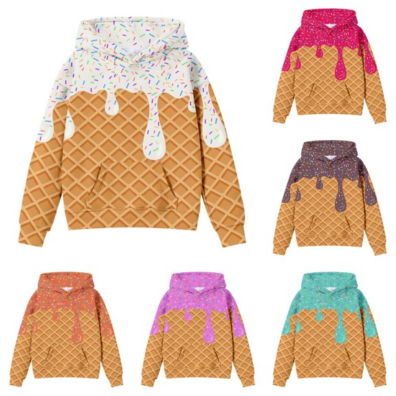 JAJAHO Cute Hoodies For Girls Ice Cream Printed Long Sleeve Hooded Sweatshirts Loose Fit Fall Pullover Tops With Pocket 2-12Y