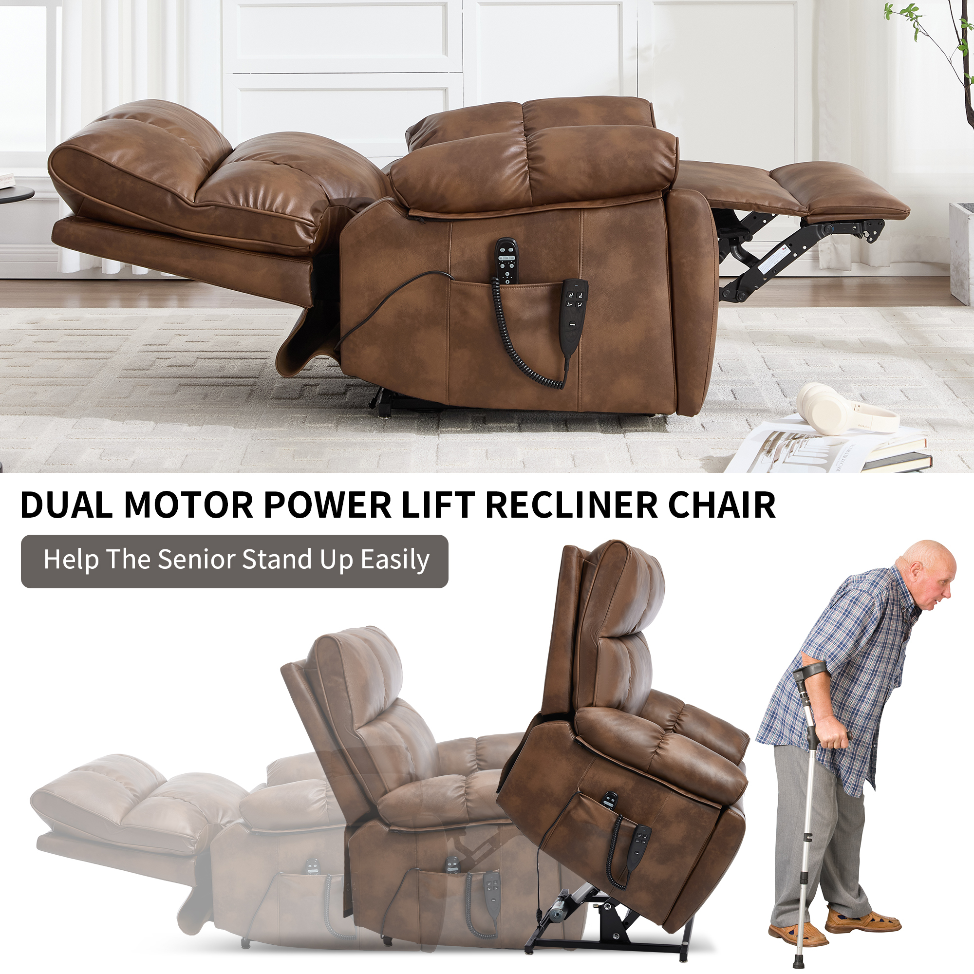 Alvantor Large Power Lift Recliner Chair for Elderly UP Leather Electric Recliners Chair with Massage and Heat for Living Room Brown