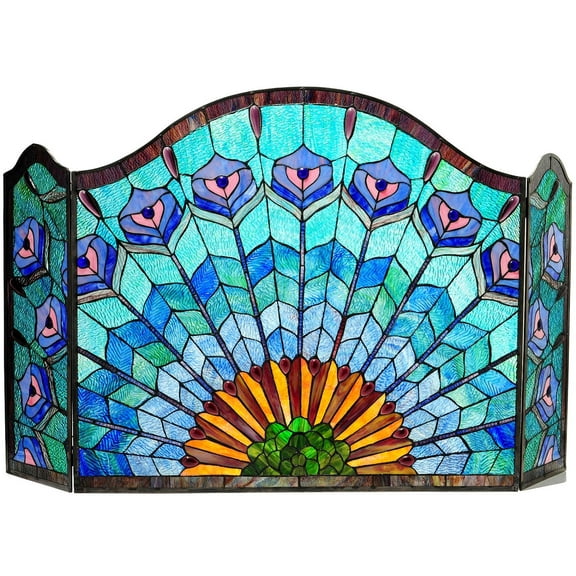 RADIANCE Goods Tiffany-Glass 3pcs Folding Peacock Fireplace Screen 48" Wide