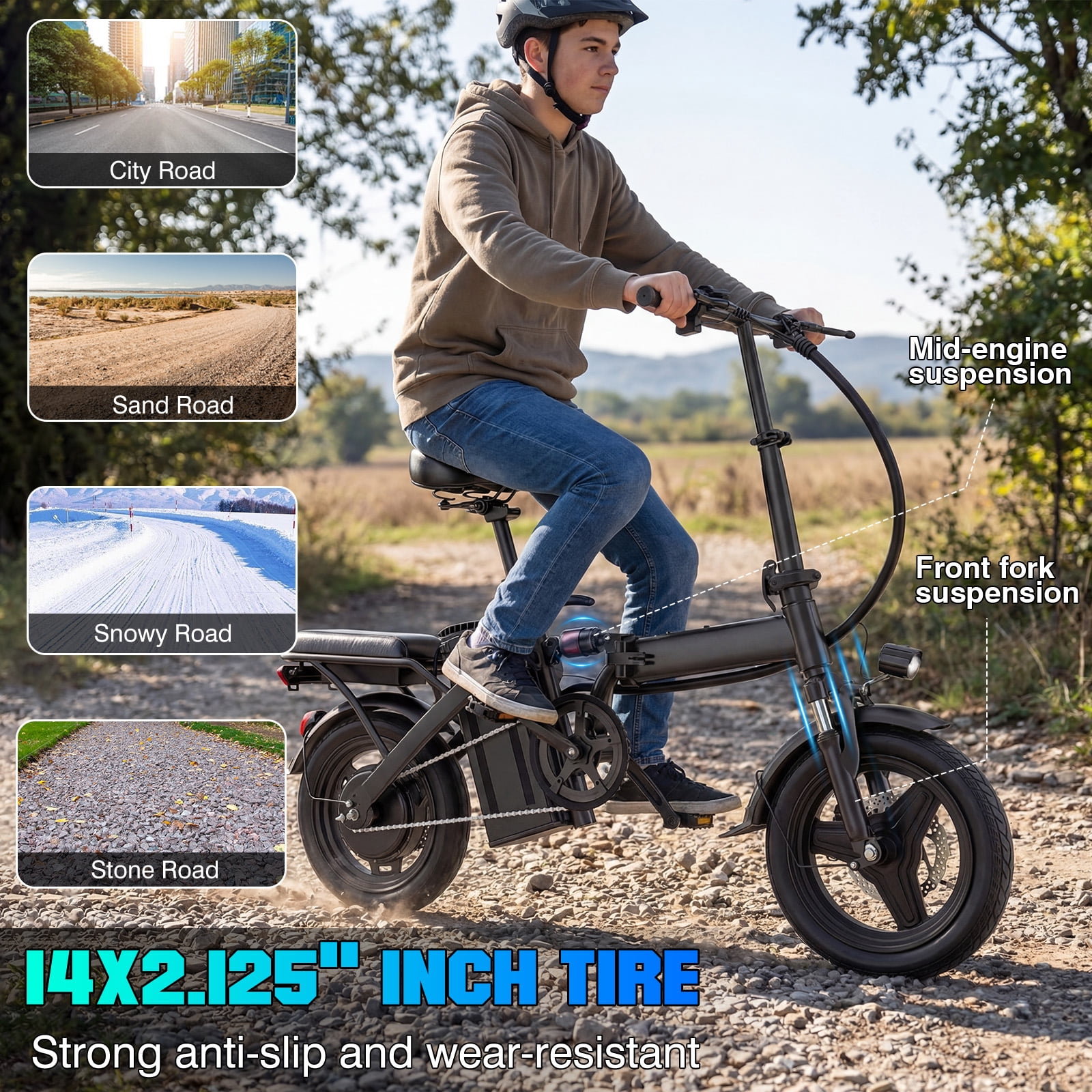 14 In Adult Folding Electric Bike - 48V 740W Peak Motor, 15Ah Battery, With 11 Shock Absorbers, Range Of 25-35 Miles, Maximum Load Capacity Of 330 Lbs, Portable Folding Design Black