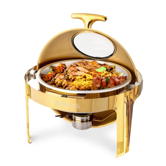 Juego de platos tipo buffet para rozaduras ROVSUN, 6 litros, redondos, de acero inoxidable dorado