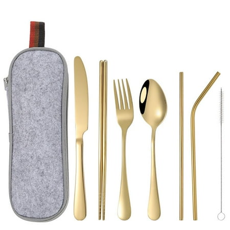 

Travel Kitchen Accessories Stainless Steel Portable Camping With Bag Juice Straw Brush Knife Spoon Fork Chopsticks Dinnerware Cutlery Set GOLD