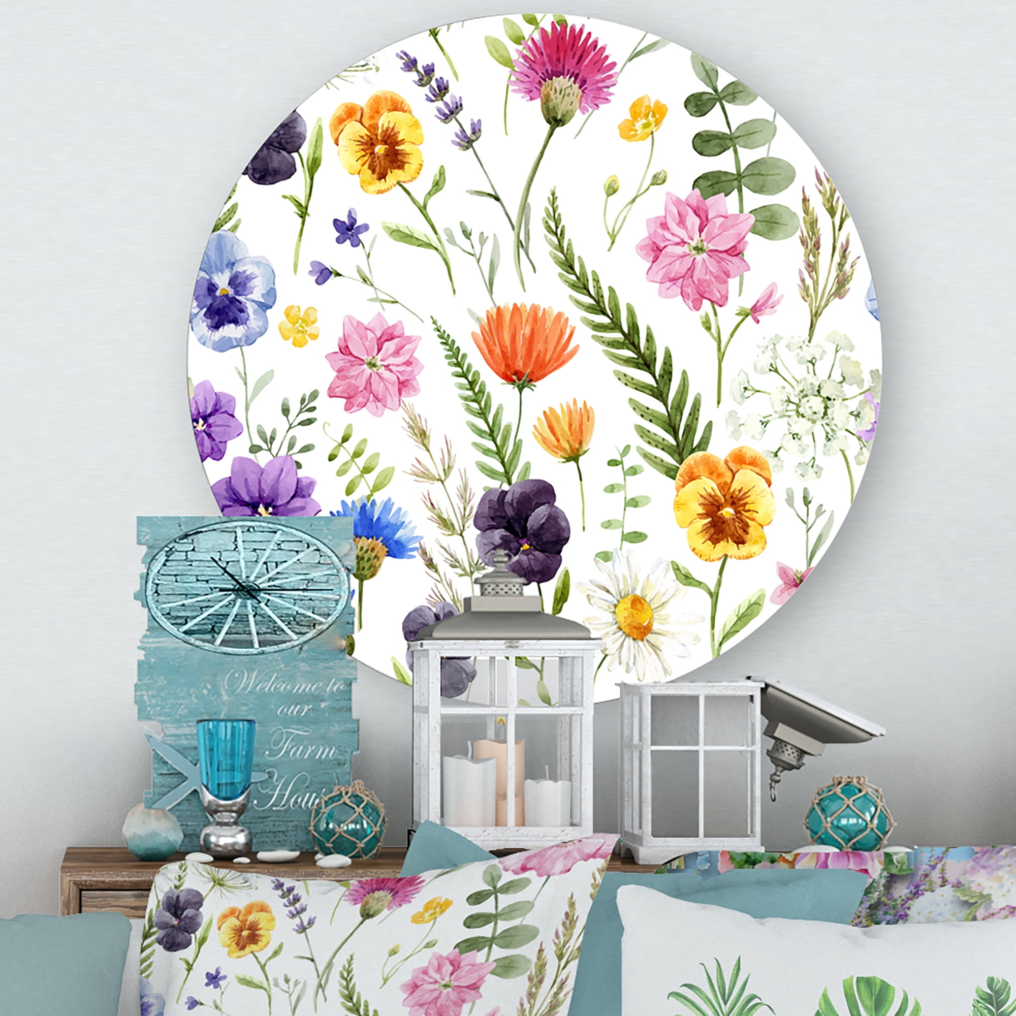 Designart 'Coloful Wildflowers Floral Pattern I' Traditional Circle Metal Wall Art 11x11 - Disc of 11