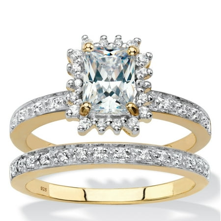 Diamond & Sapphire Wedding Ring - Emerald-Cut Created White Sapphire and Diamond 2-Piece Halo Wedding Ring Set 1.67 TCW in 18k Gold over Sterling Silver