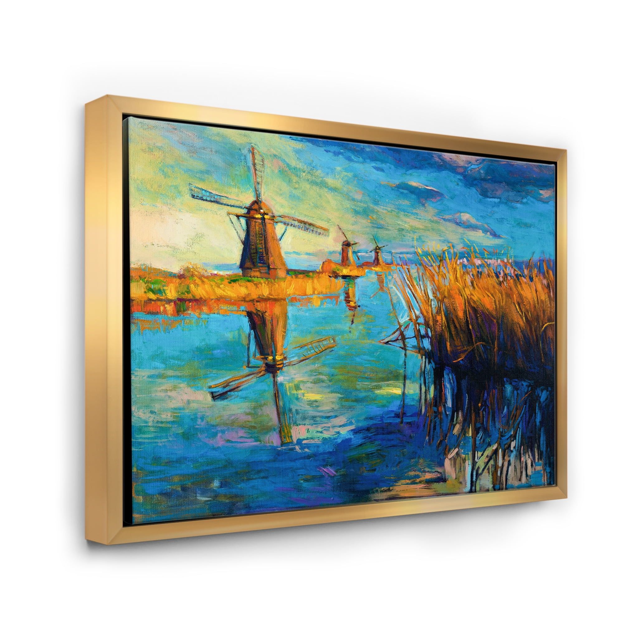 Designart 'The Deep Blue Lake And Windmills' Nautical & Coastal Framed Canvas Wall Art Print