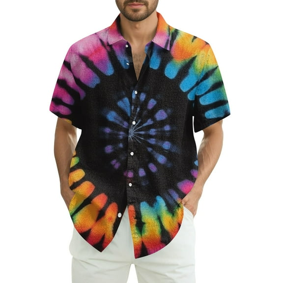 Yiaimeir Men's Fashion Loose Tie-Dye Printed Short Sleeve Beach Shirt，Size S-2XL