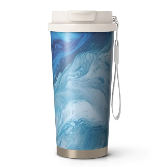 18oz Travel Coffee Mug, 316 Stainless Steel Vacuum Insulated Tumbler with 2-in-1 Straw Lid & Strap, Turquoise Marble Watercolor Print