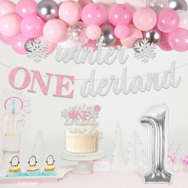 Kit Decorazioni Inverno Onederland Per Primo Compleanno Bambina – Rosa E Bianco, Con Striscione, Cake Topper, Palloncini E Banner Fotografico
