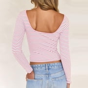 BSDJILFG Womens Striped Shirts Y2K Juniors Crop Top Long Sleeve Open Back Crewneck Fall Spring Lounge Tops 2026