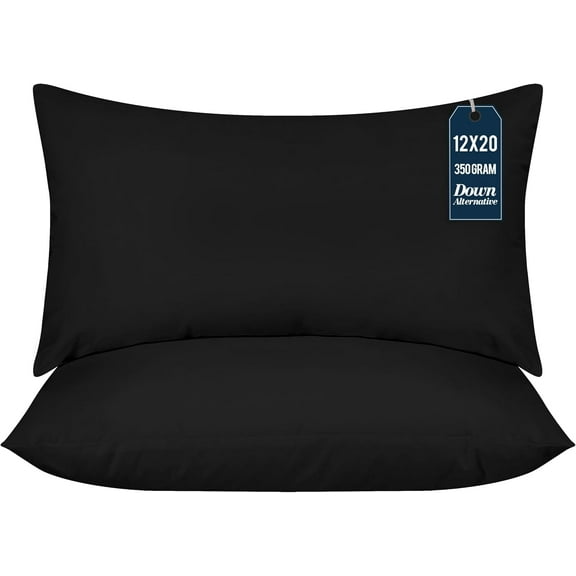 EnjinZZ Throw Pillows (Pack of 2, Black), 12 x 20 Inches Indoor Decorative Pillow Insert for Sofa, Bed and Couch