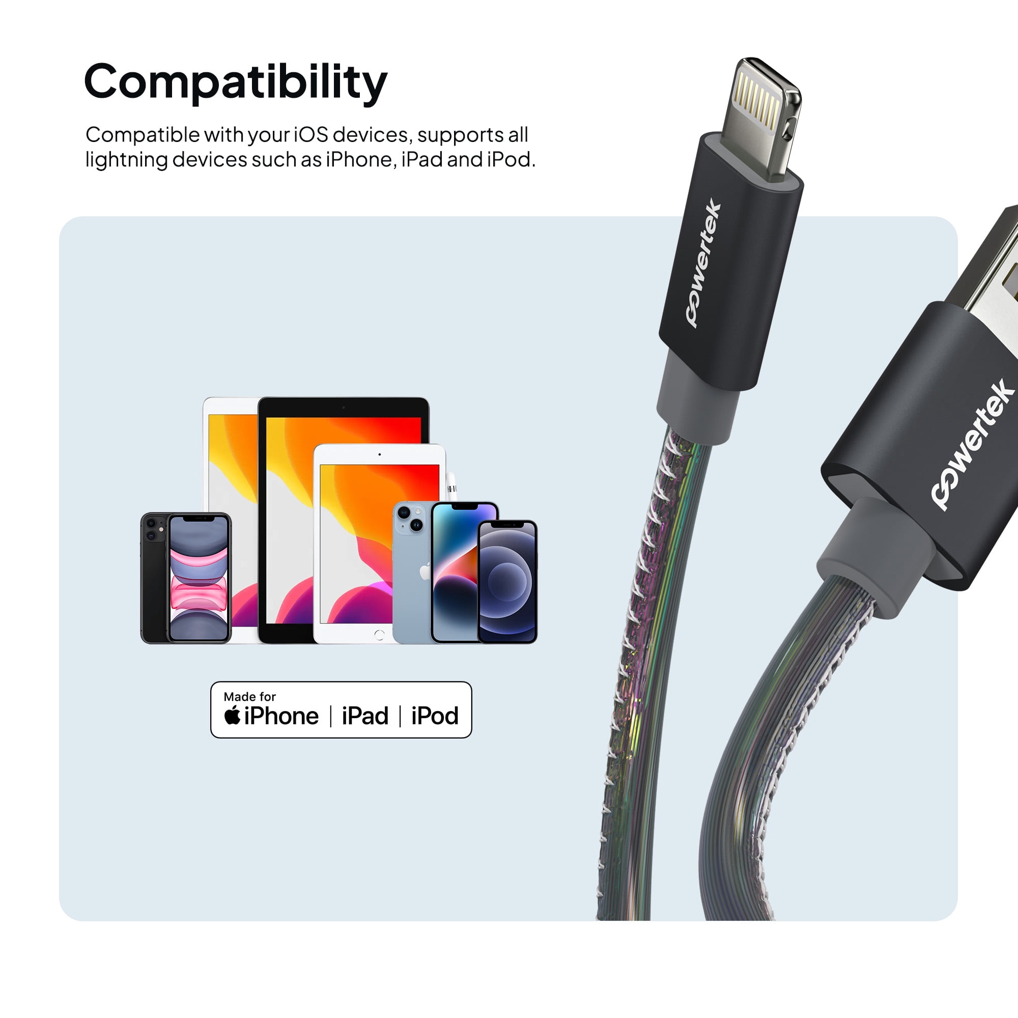 Powertek MFi Certified USB-A to Lightning Metallic Shine Pastel Charging Cable, 6 ft, Black
