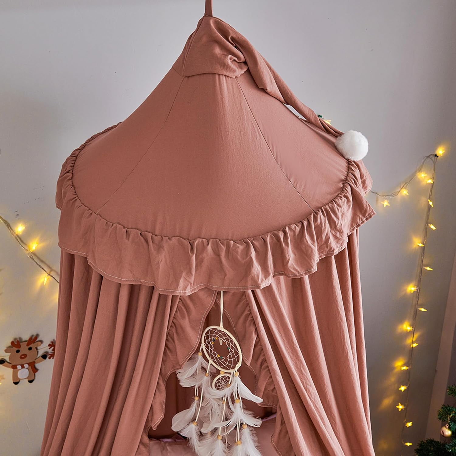 Bed Canopy for with Lights,Double Layer Princess Round Dome Dreamy Mosquito Net Bedding Girls Room Castle Play Tent Hanging House Decor Reading Nook Canopies(Gray/White)