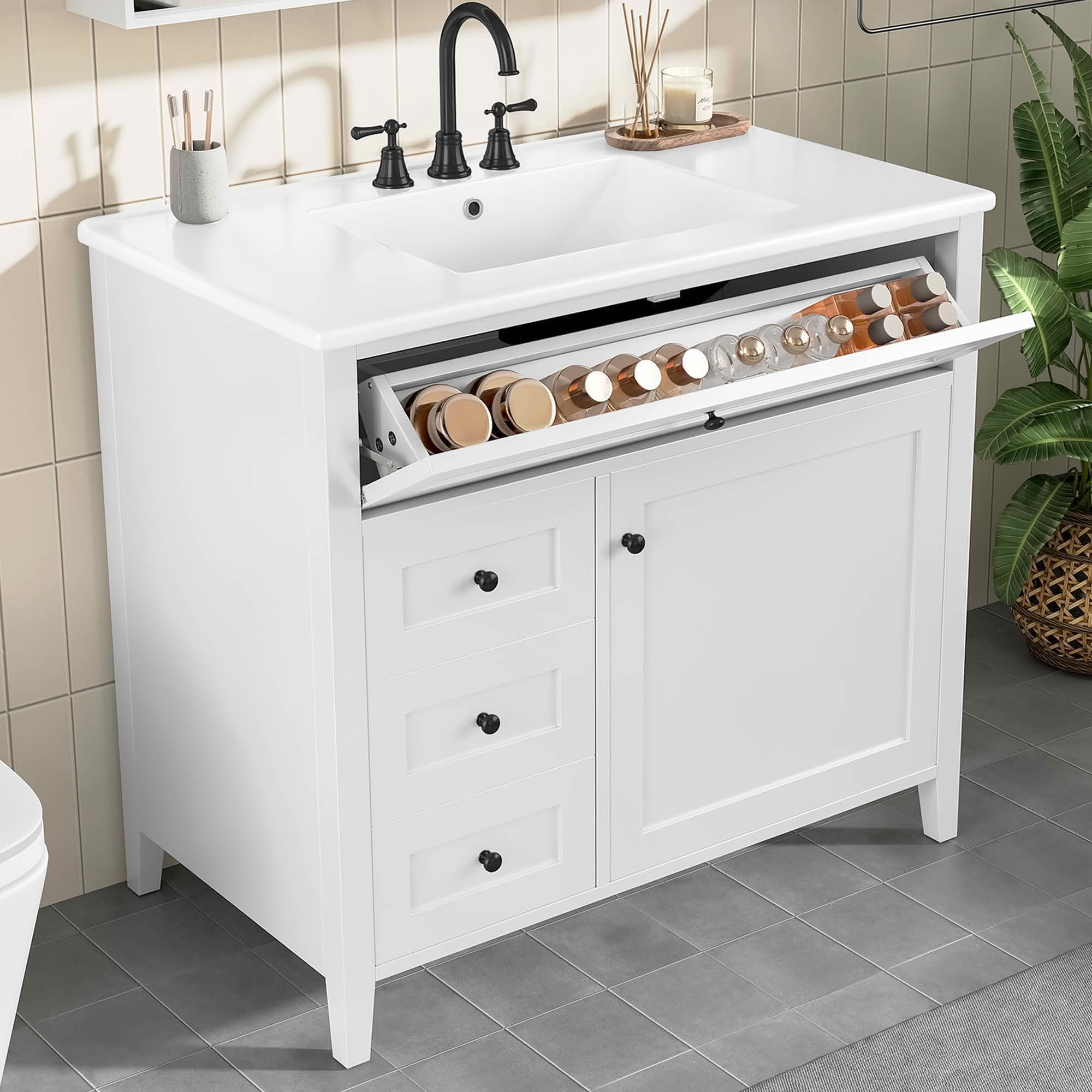 MAYEERTY 36" Bathroom Vanity Ceramic Sink Top Solid Wood MDF Flip Drawer Adjustable Shelf Metal Handles