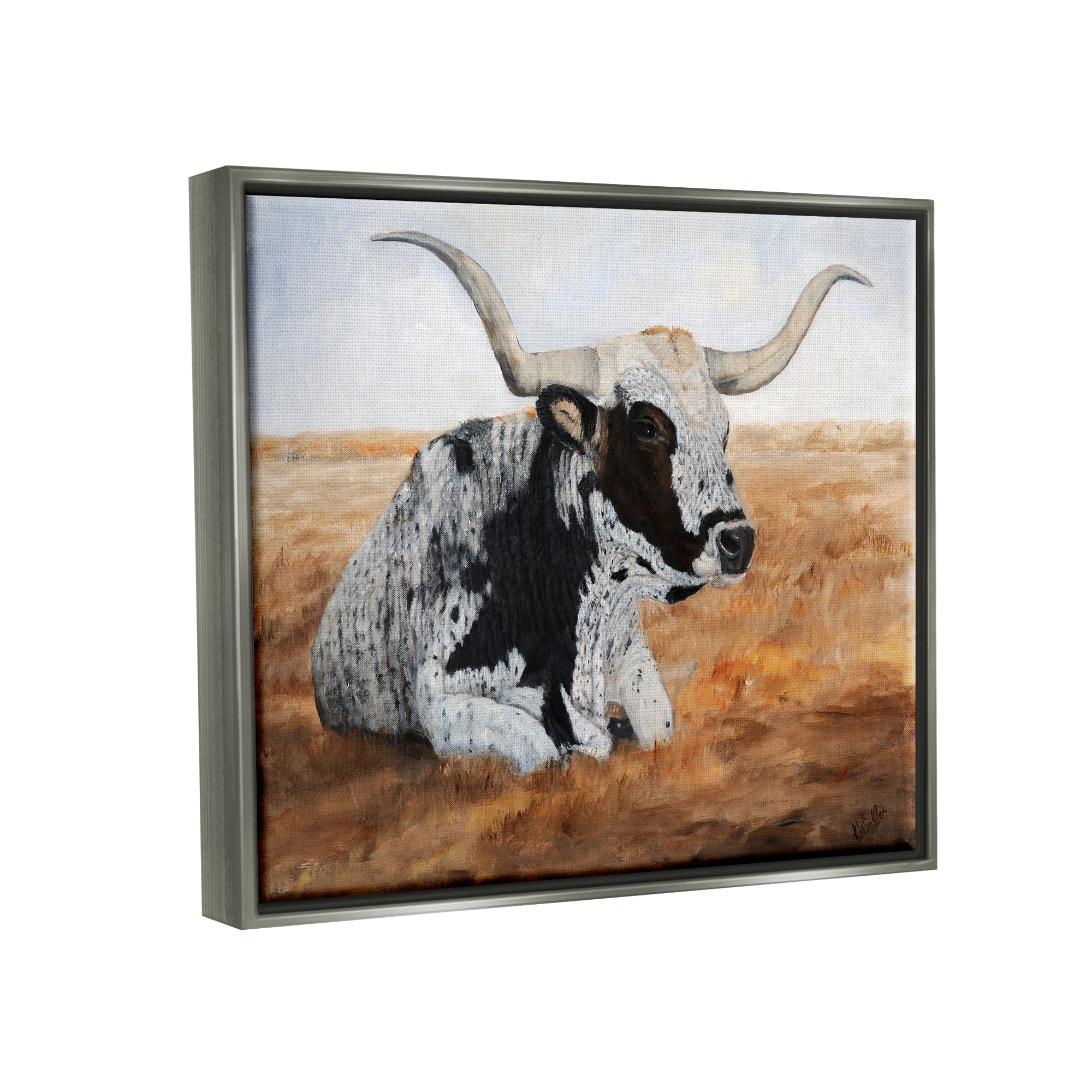 Stupell Longhorn Cattle Prairie Portrait Animals & Insects Painting Gray Floater Framed Art Print Wall Art