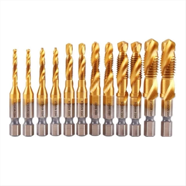 Juego Brocas para Grifo HSS con Revestimiento Titanio 12 Piezas, Broca Rosca para Tornillo Vástago Hexagonal, Máquina para Tornillos, Grifo Compuesto M3 M 4 M5 M6 M8 M10