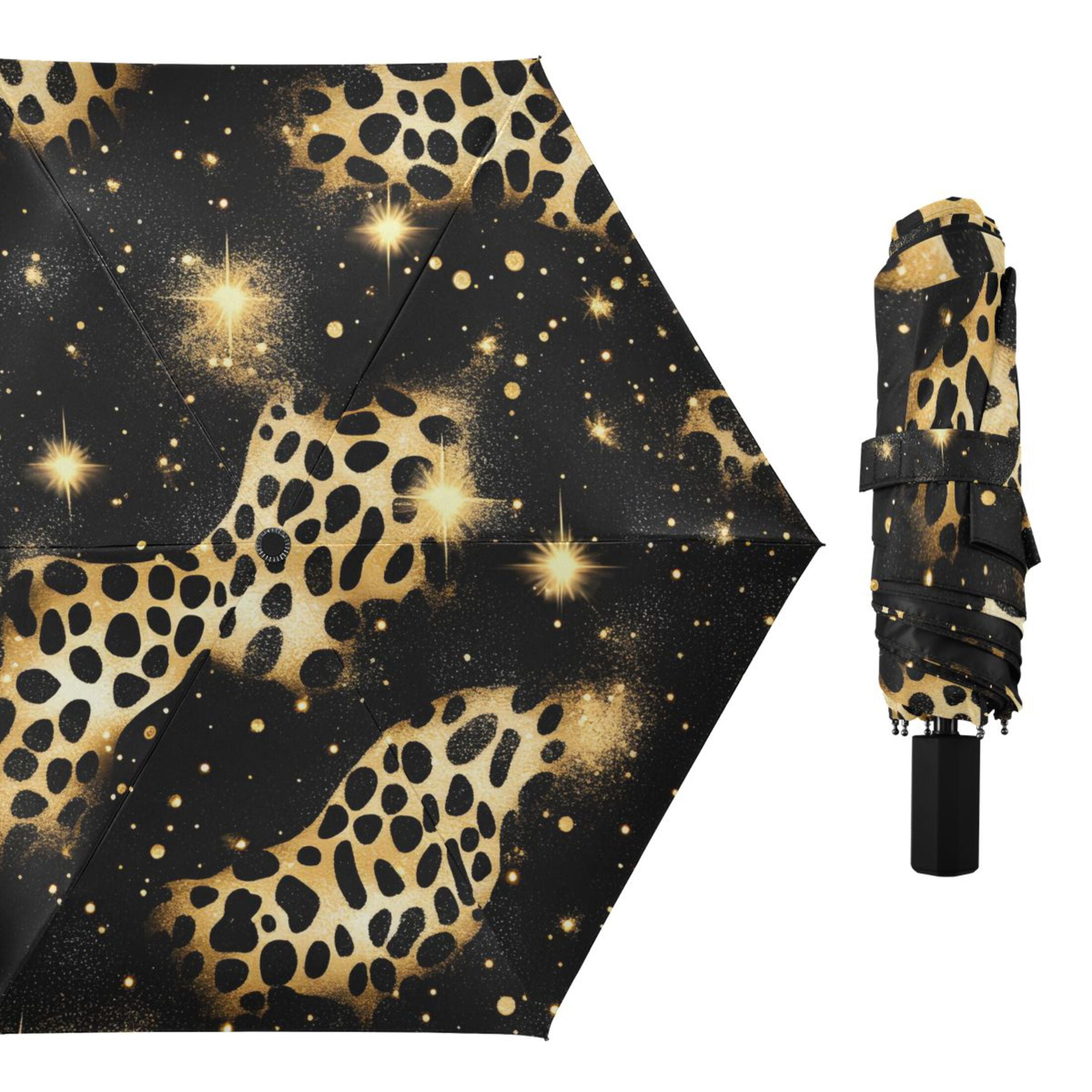 ALAZA Golden Leopard Print UPF 50+ Compact Folding Umbrella for Rain Travel Umbrella Packable